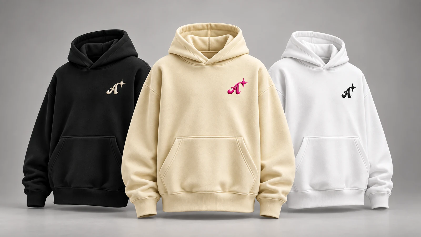 Three Signal Star hoodies side by side in black, vanilla and white.